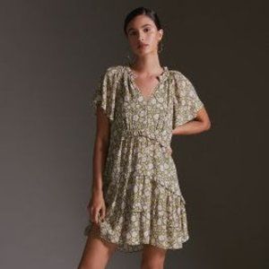 Anthropologie Robin Tiered Mini Dress in Moss Floral Pattern Size Medium